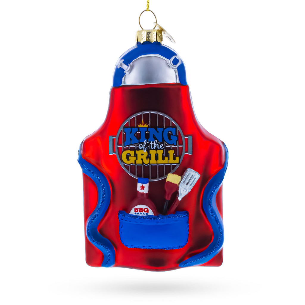 BBQ King of the Grill Apron Glass Christmas Ornament in Red color Figurine