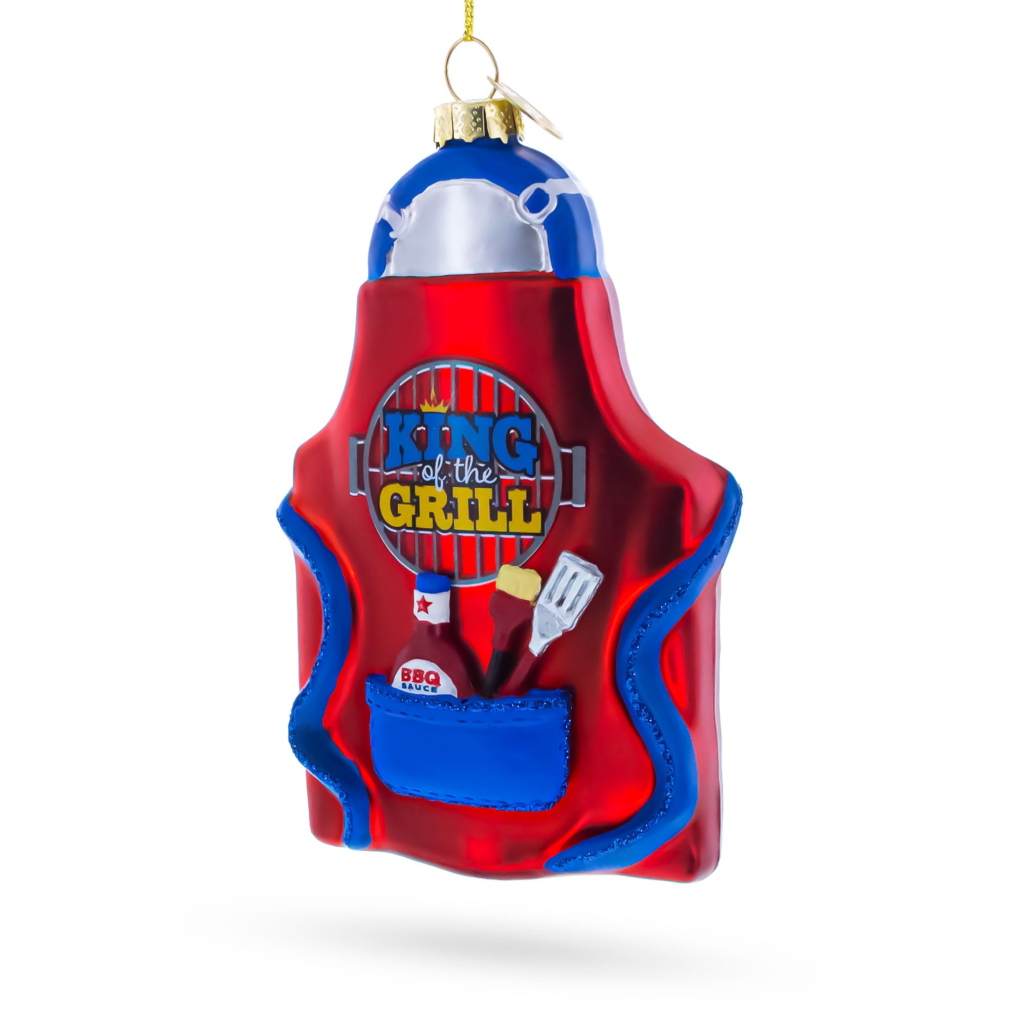 BBQ King of the Grill Apron Glass Christmas OrnamentChina , dimensions in inches: 5 x 1 x 2.9