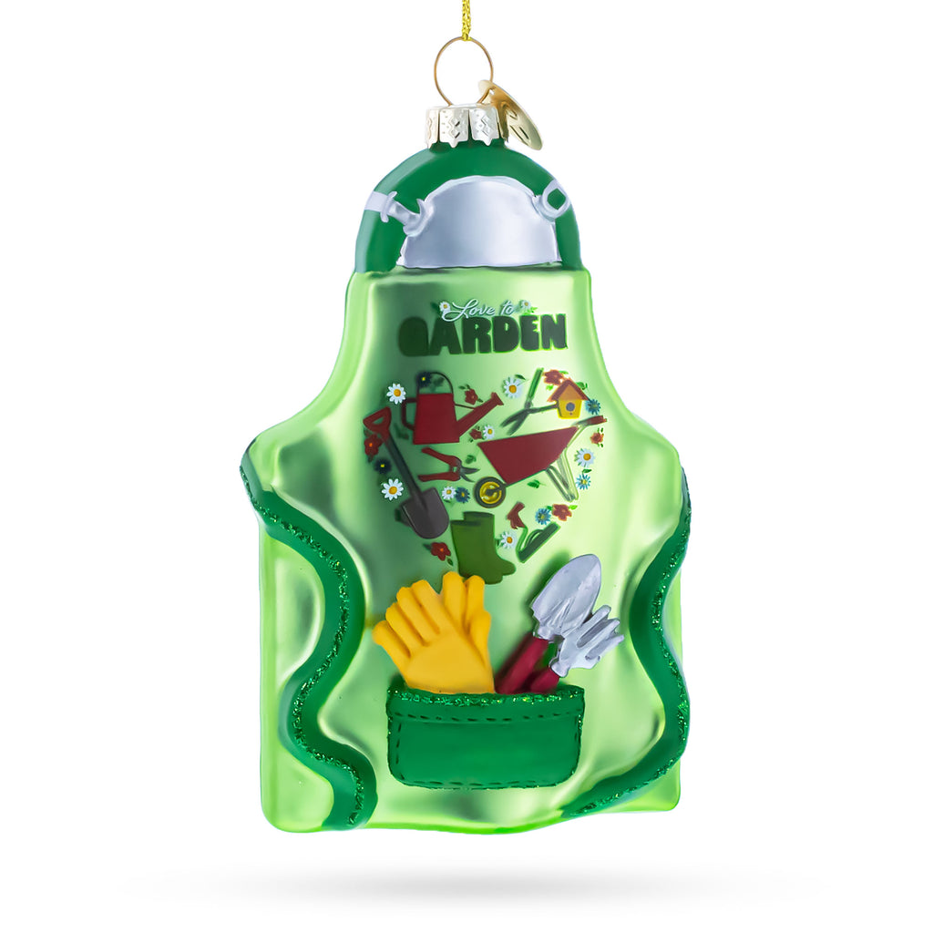 Gardener Apron with Tools Glass Christmas Ornament in Green color Figurine