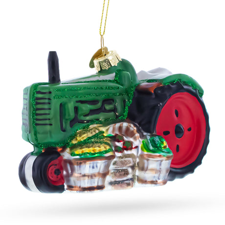 Vintage Green Tractor with Crop Barrels Blown Glass Christmas Ornament in Green color Figurine