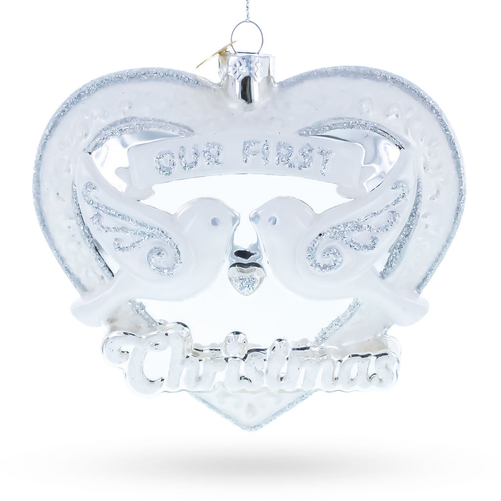 Our First Christmas Romantic Lovebirds Heart Glass Christmas Ornament in White color Figurine