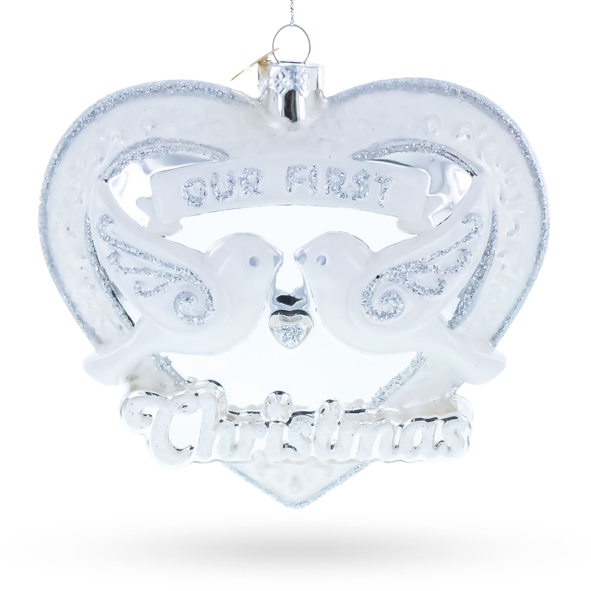 Our First Christmas Romantic Lovebirds Heart Glass Christmas Ornament in White color Figurine