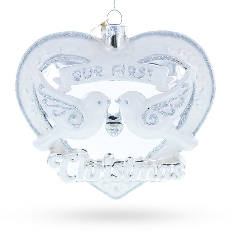 Our First Christmas Romantic Lovebirds Heart Blown Glass Christmas Ornament in White color Figurine