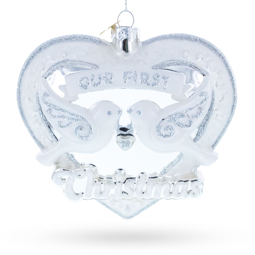 Our First Christmas Romantic Lovebirds Heart Blown Glass Christmas Ornament in White color Figurine