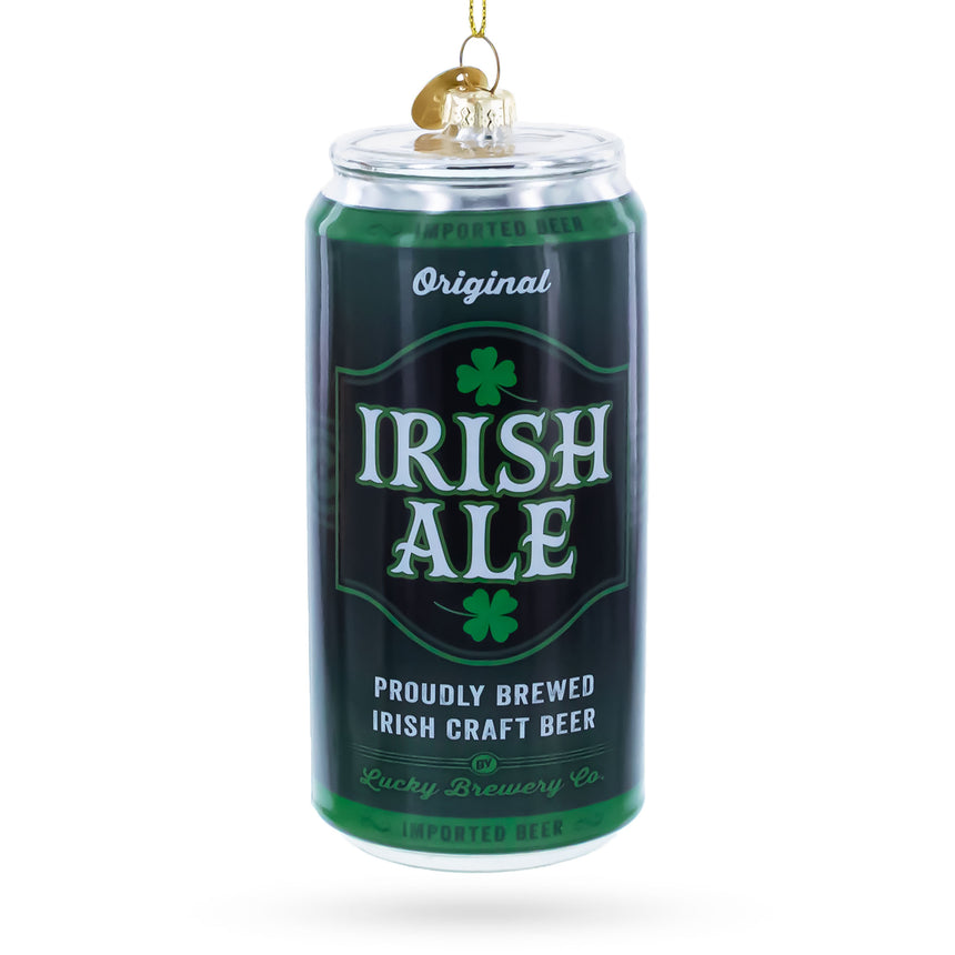 Irish Ale Beer Can Blown Glass Christmas Ornament in Green color Figurine