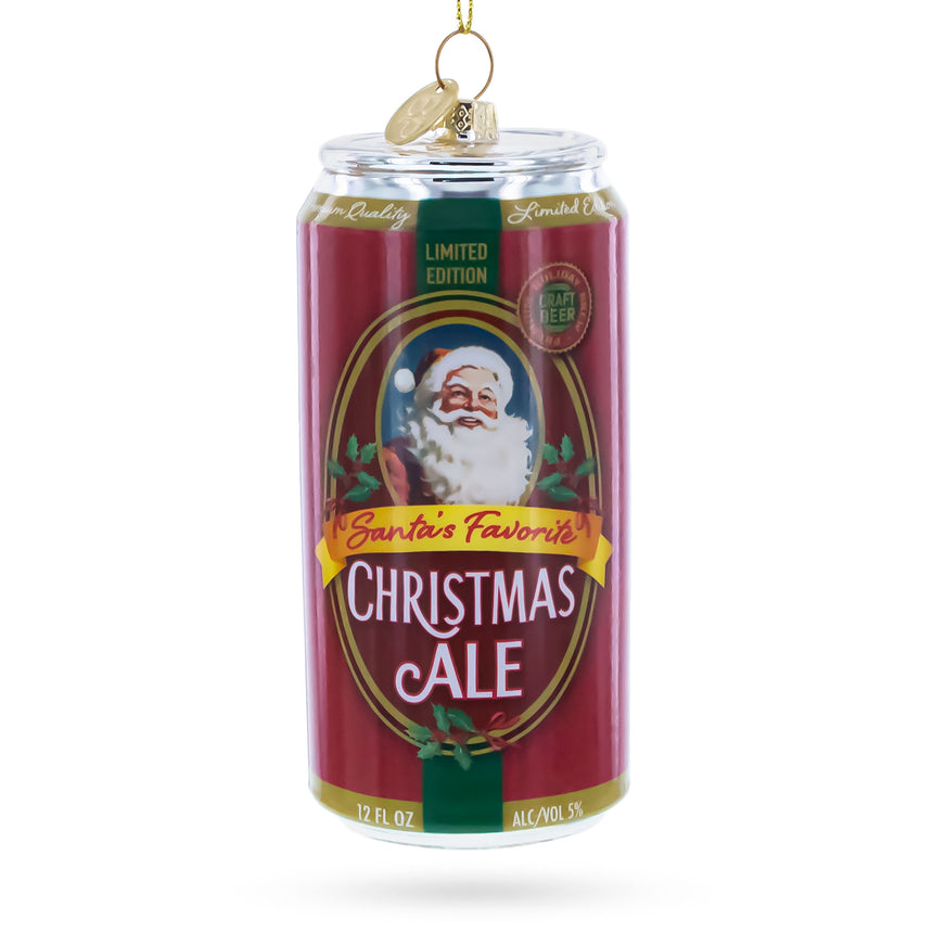 Santa’s Christmas Ale Beer Can Blown Glass Christmas Ornament in Multi color Figurine