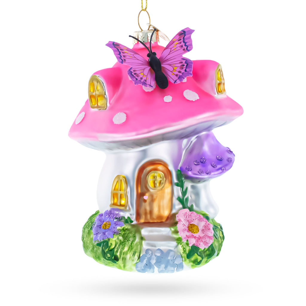 Fairy Mushroom House Glass Christmas Ornament in Pink color Figurine