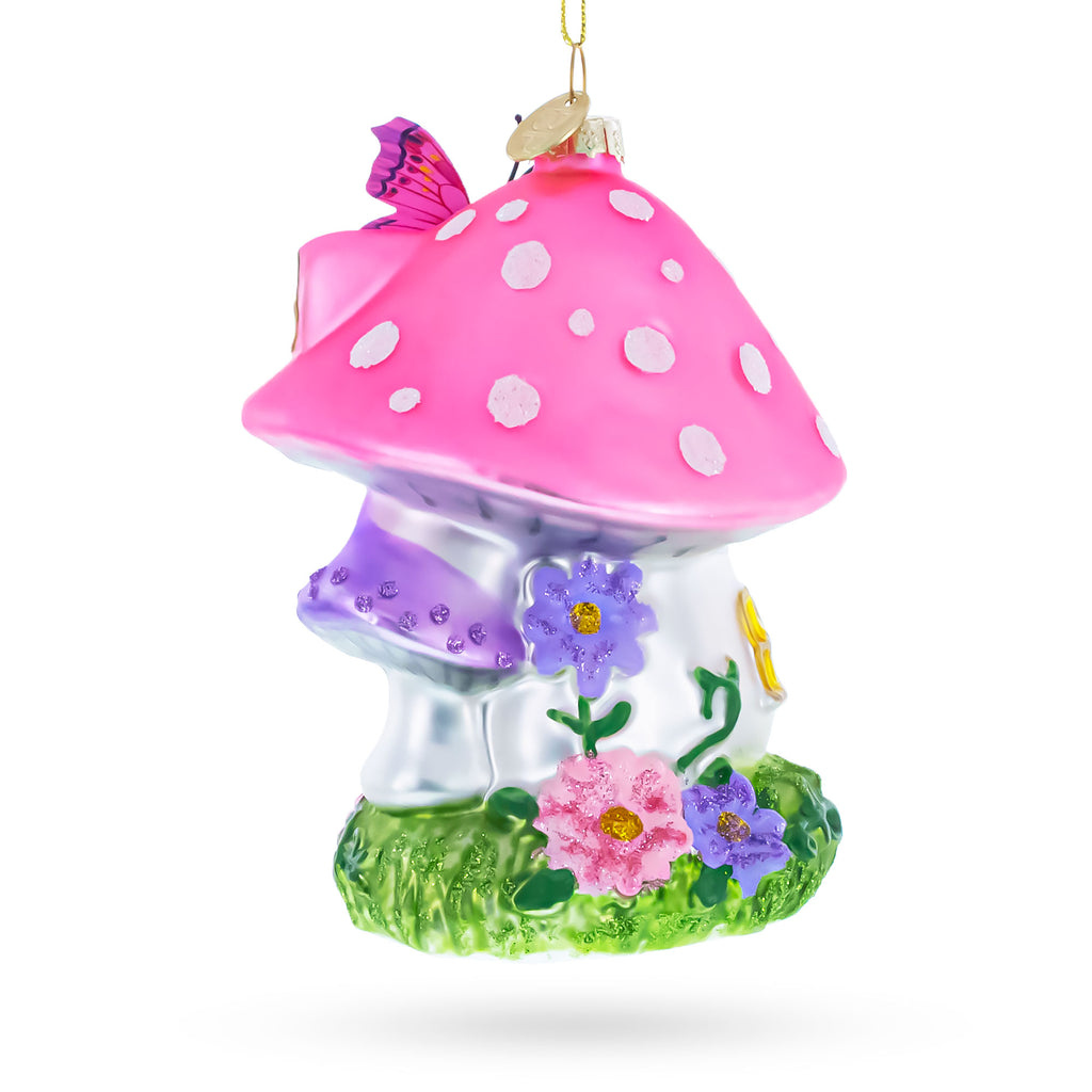 Fairy Mushroom House Glass Christmas OrnamentChina , dimensions in inches: 3.4 x 3.2 x 2.5