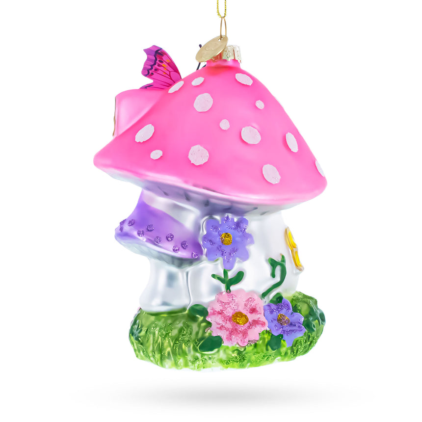 Fairy Mushroom House Blown Glass Christmas OrnamentChina , dimensions in inches: 3.4 x 3.2 x 2.5