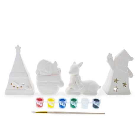 Christmas DIY Craft Kit: 4 White Blank Unfinished Figurines for Painting Your Own Decorations in White color