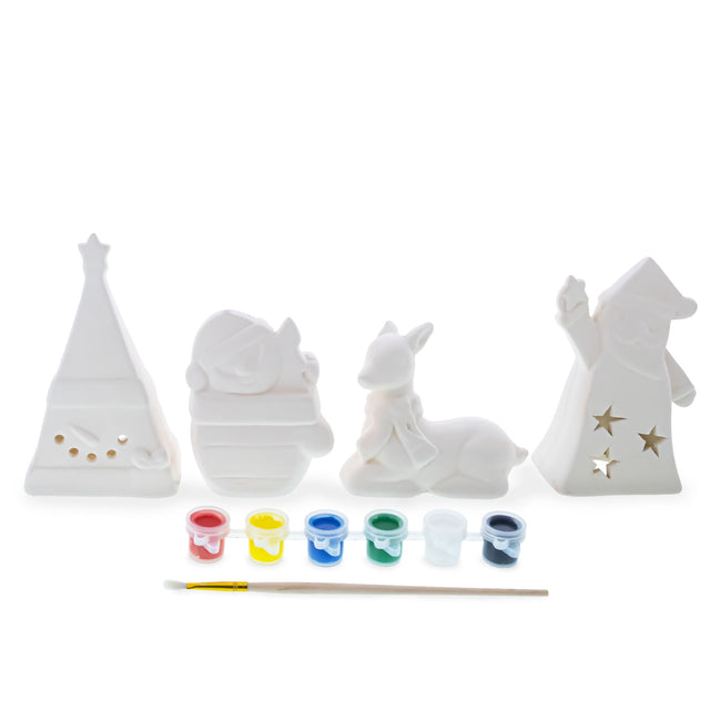 Christmas DIY Craft Kit: 4 White Blank Unfinished Figurines for Painting Your Own Decorations in White color