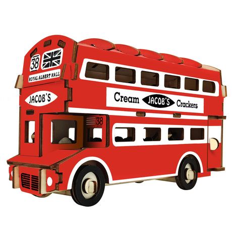 Double-Decker London Bus Model Kit - Wooden Laser-Cut 3D Puzzle (94 Pcs) in Red color