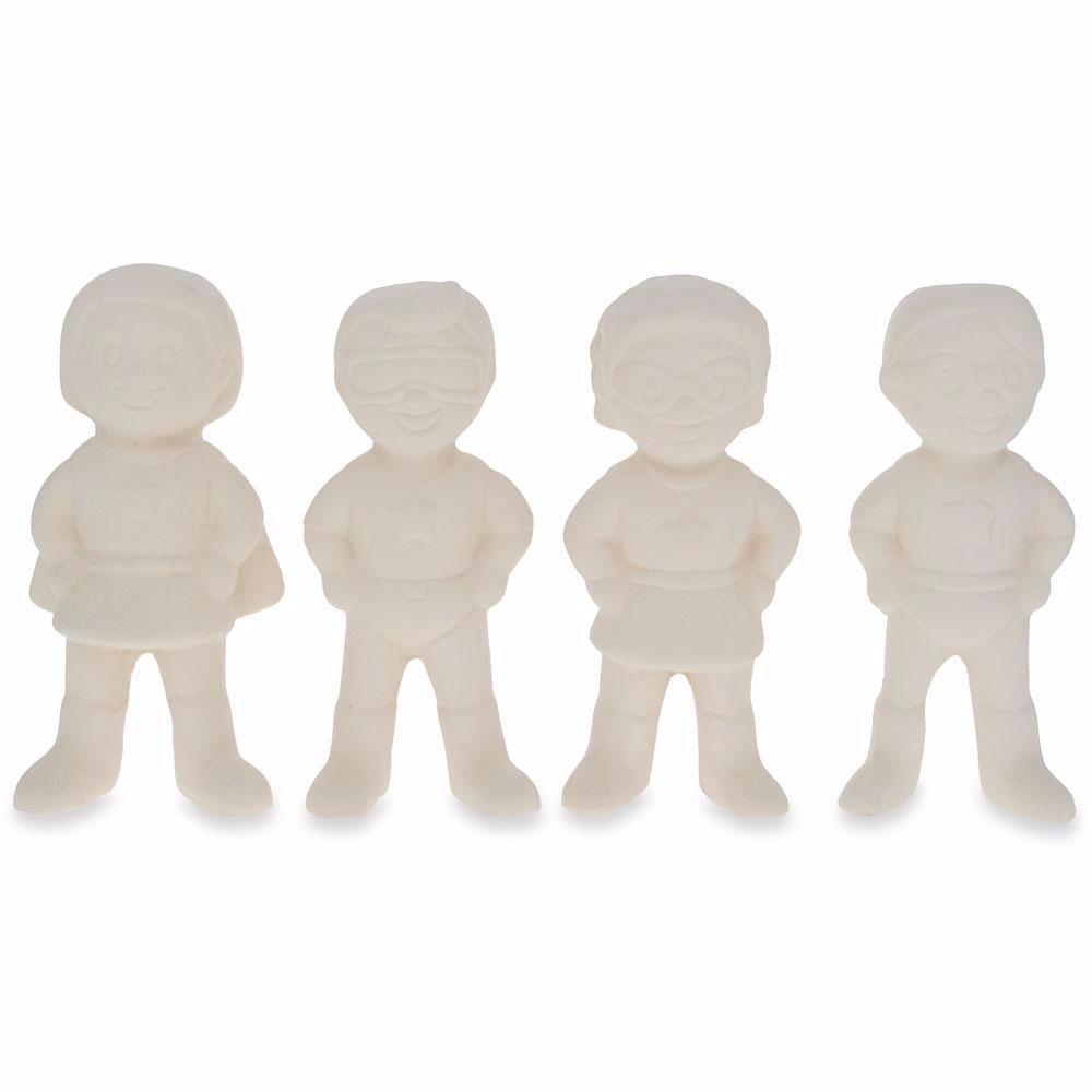 Ceramic Set of 4 Blank Superhero Ceramic Figurines Male and Female 3 Inches in White color