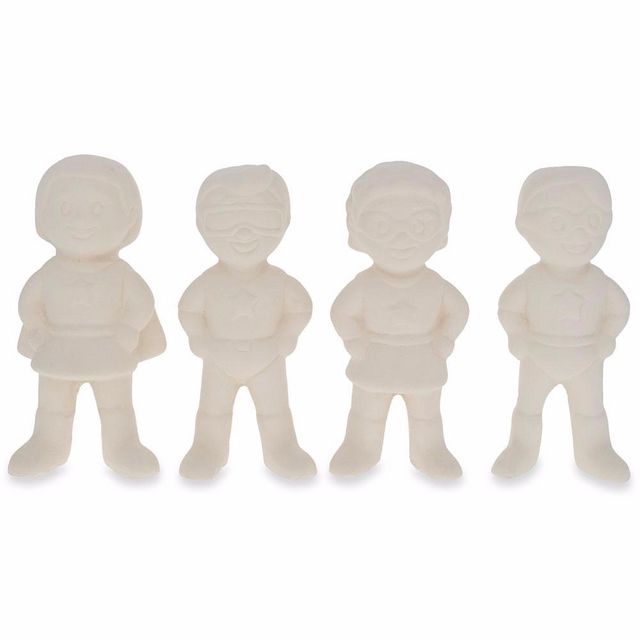 Ceramic Set of 4 Blank Superhero Ceramic Figurines Male and Female 3 Inches in White color
