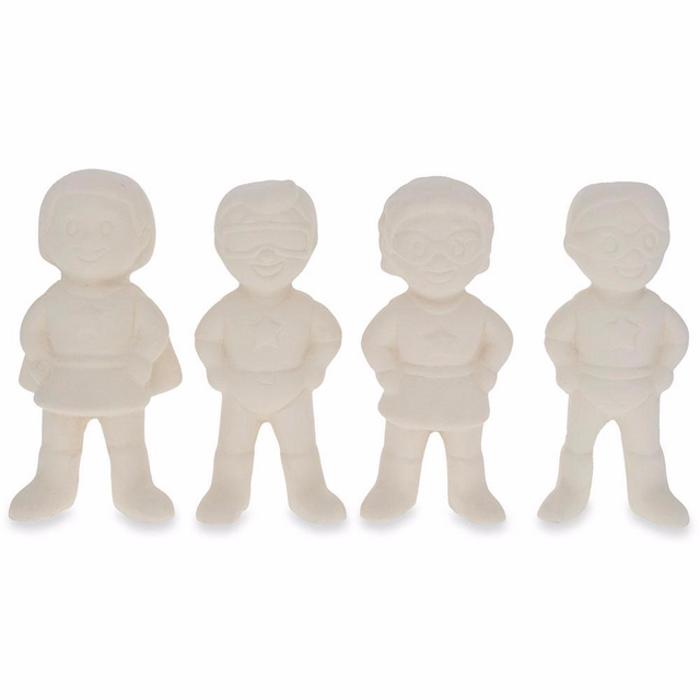 Set of 4 Blank Superhero Ceramic Figurines Male and Female 3 Inches in White color