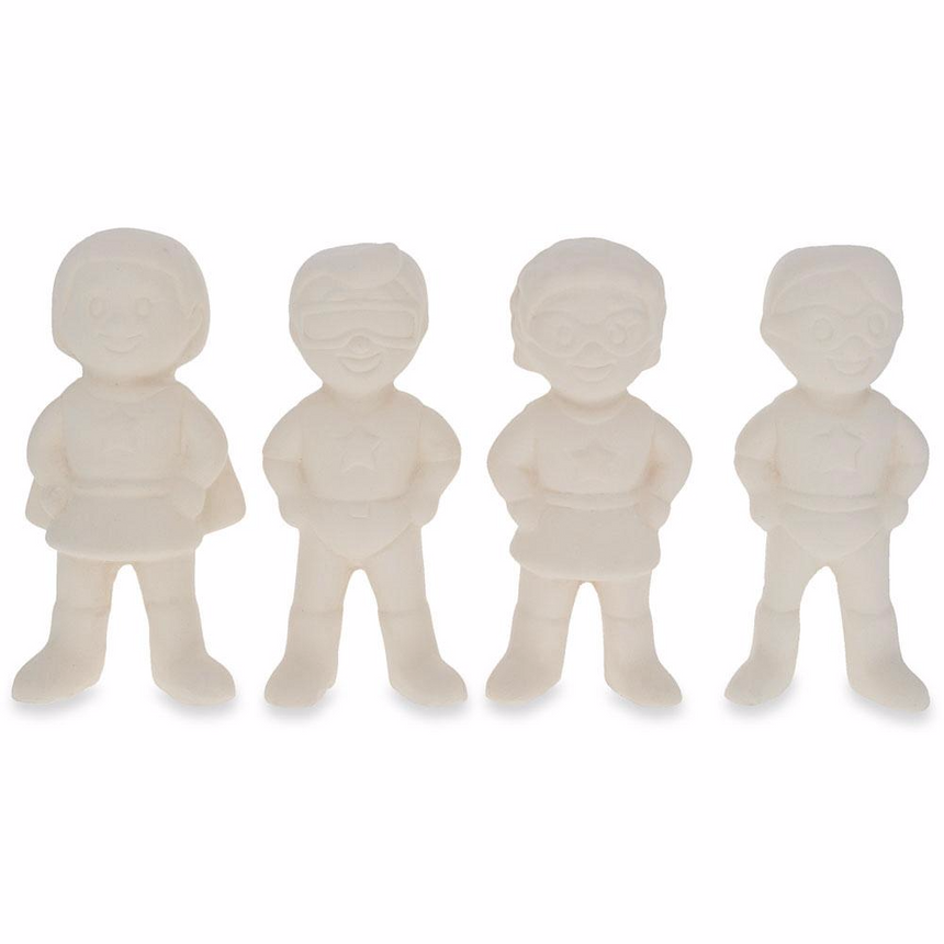 Set of 4 Blank Superhero Ceramic Figurines Male and Female 3 Inches in White color