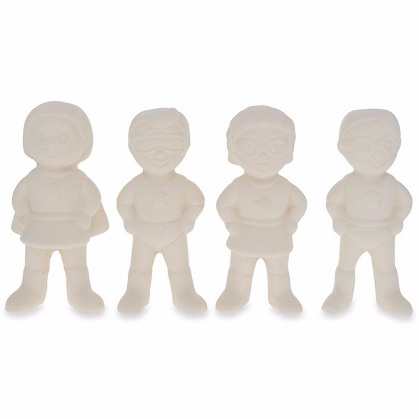 Set of 4 Blank Superhero Ceramic Figurines Male and Female 3 Inches in White color,  shape
