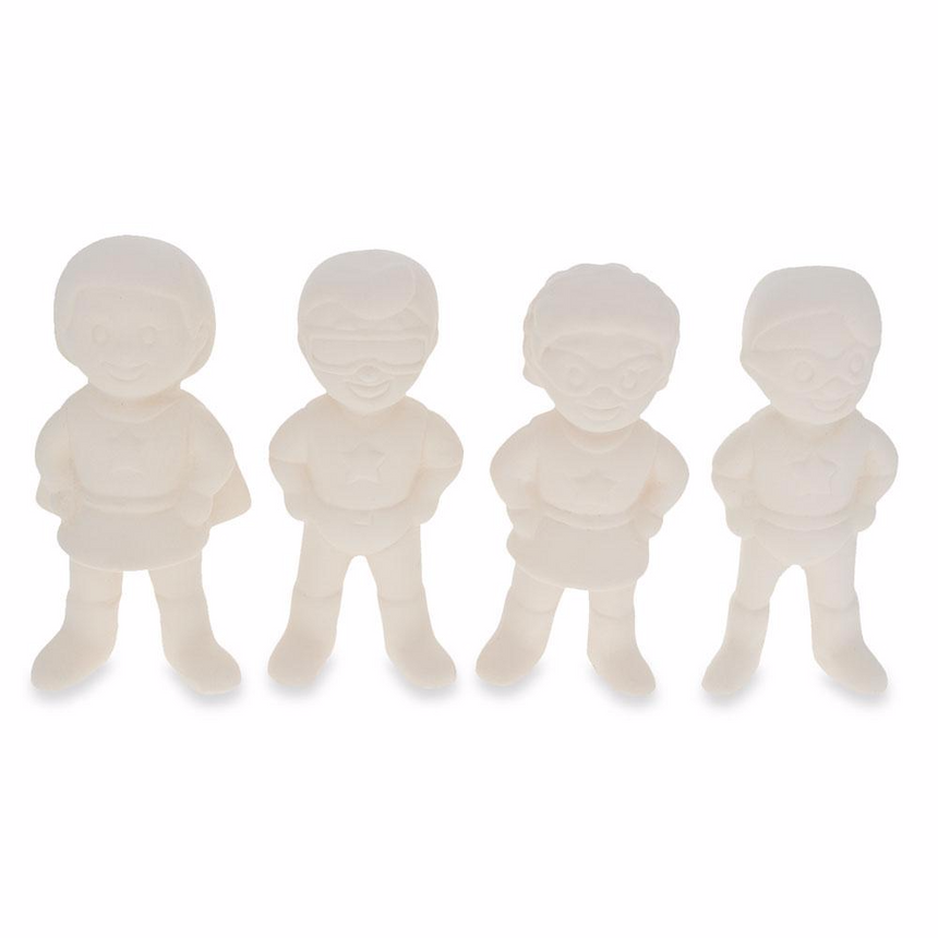 Set of 4 Blank Superhero Ceramic Figurines Male and Female 3 Inches , dimensions in inches: 3 x 1.5 x 1.5