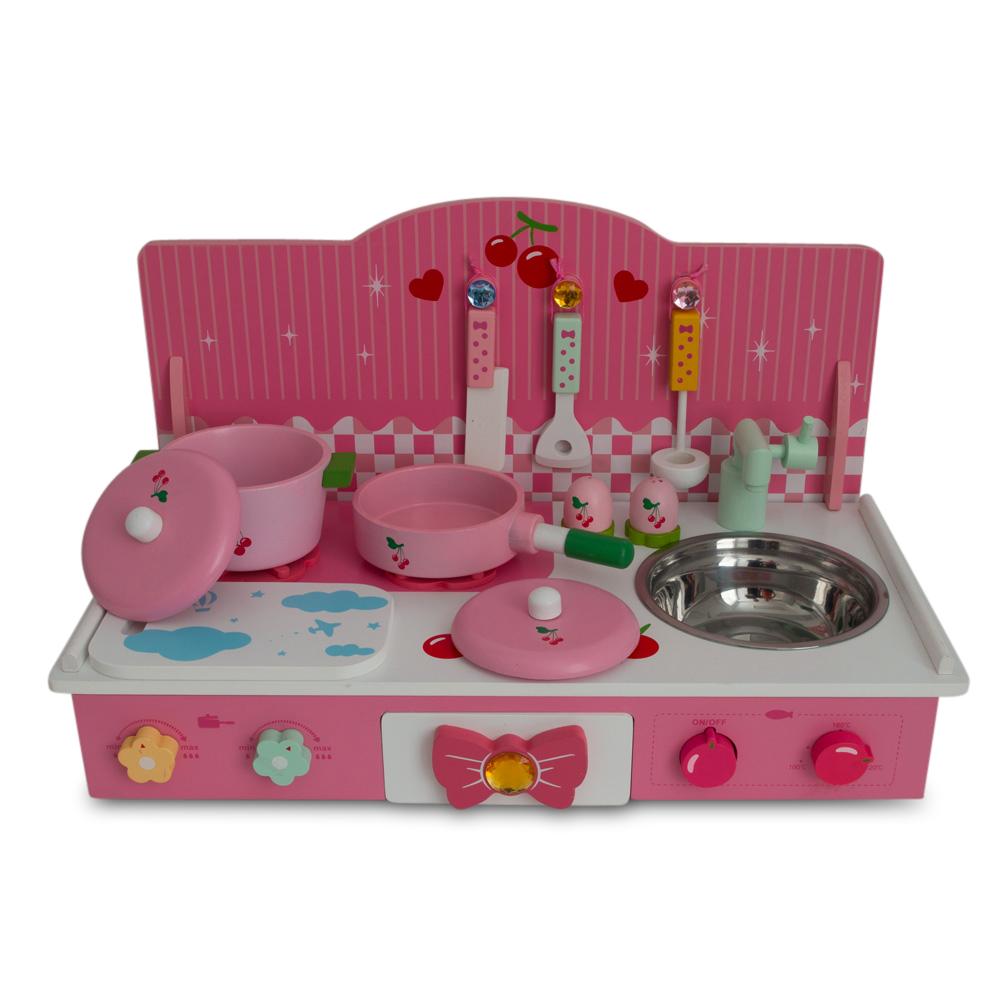 Wood Wooden Pink Toy Kitchen Play Set 22 Inches in Pink color