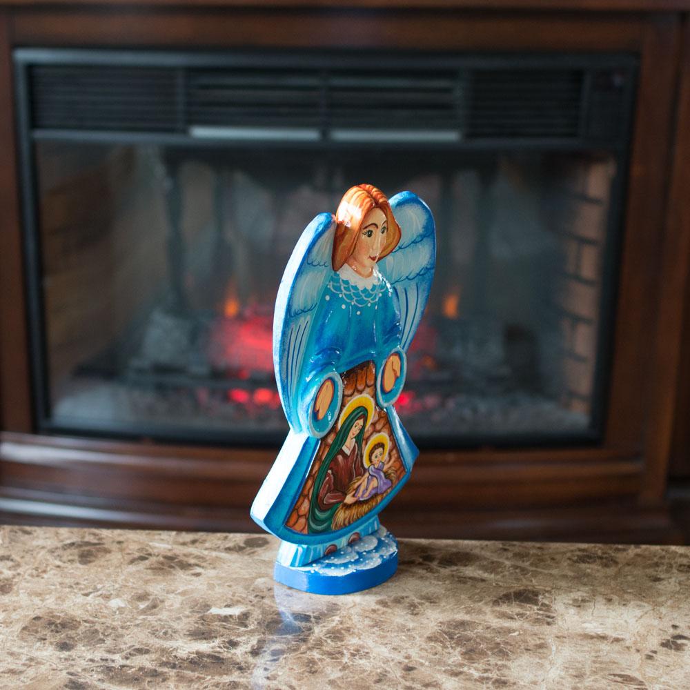 Angel over Nativity Scene Ukrainian Hand Carved Solid Wood Figurine 10 Inches
