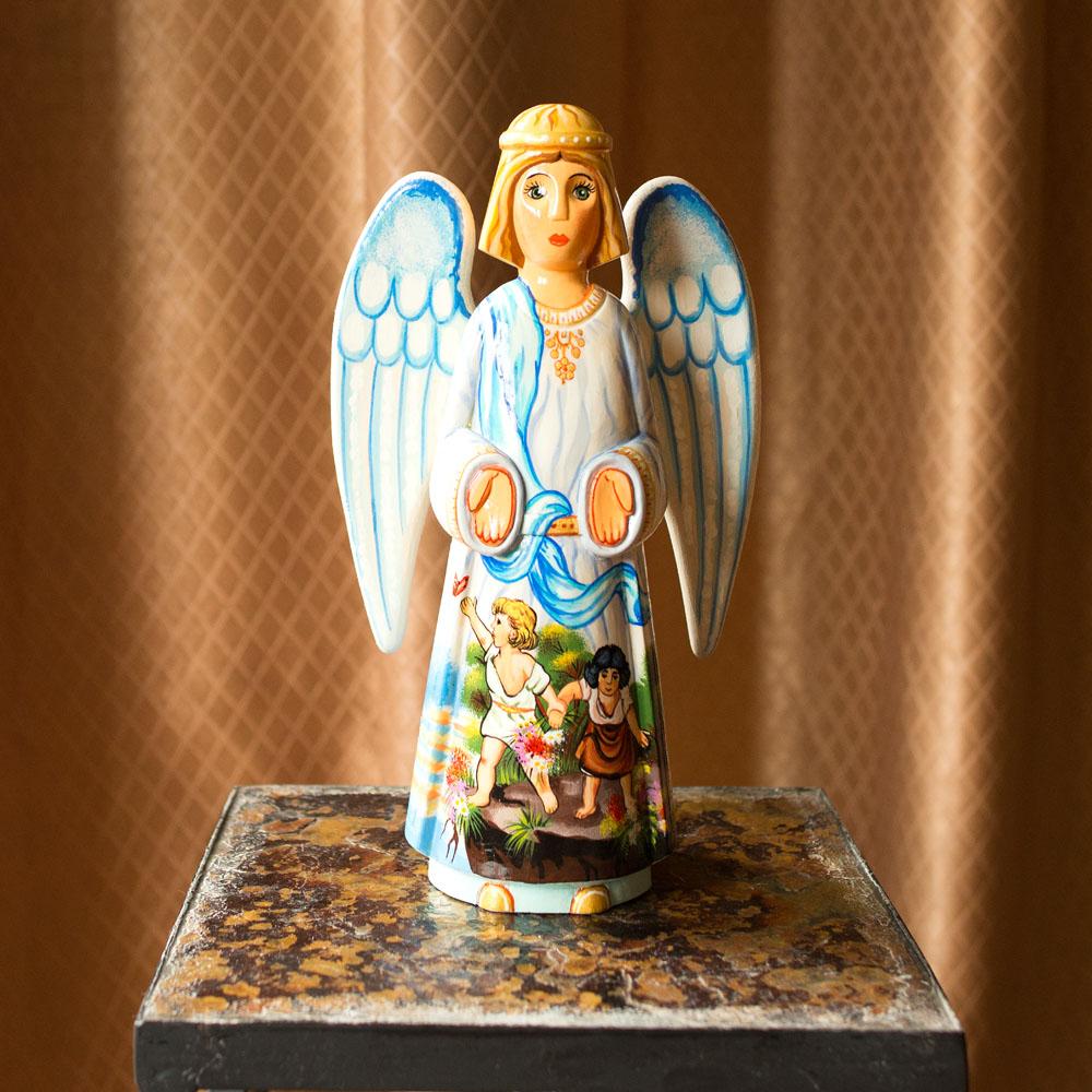 Guardian Angel over Children Ukrainian Hand Carved Solid Wood Figurine 10 Inches