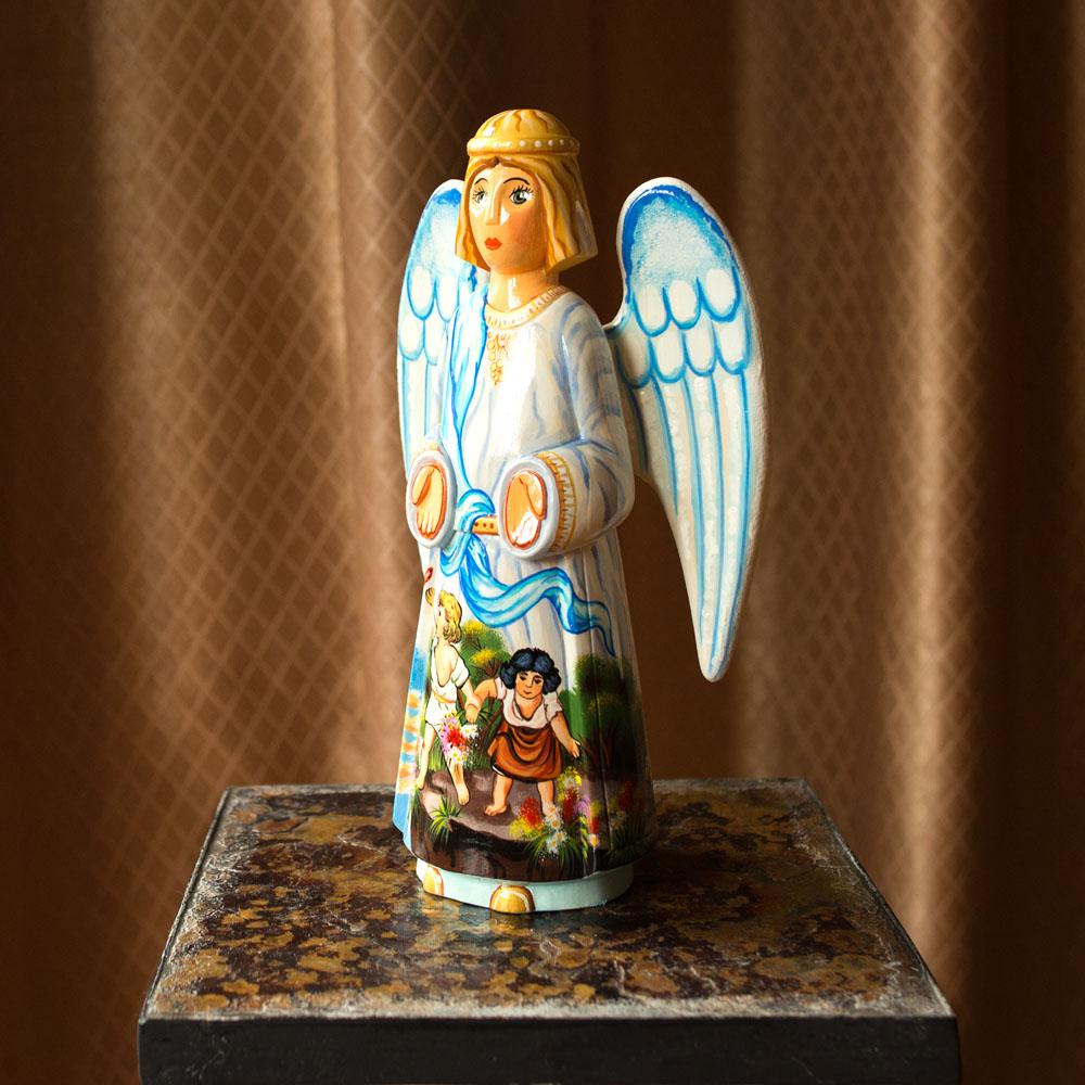 Guardian Angel over Children Ukrainian Hand Carved Solid Wood Figurine 10 Inches