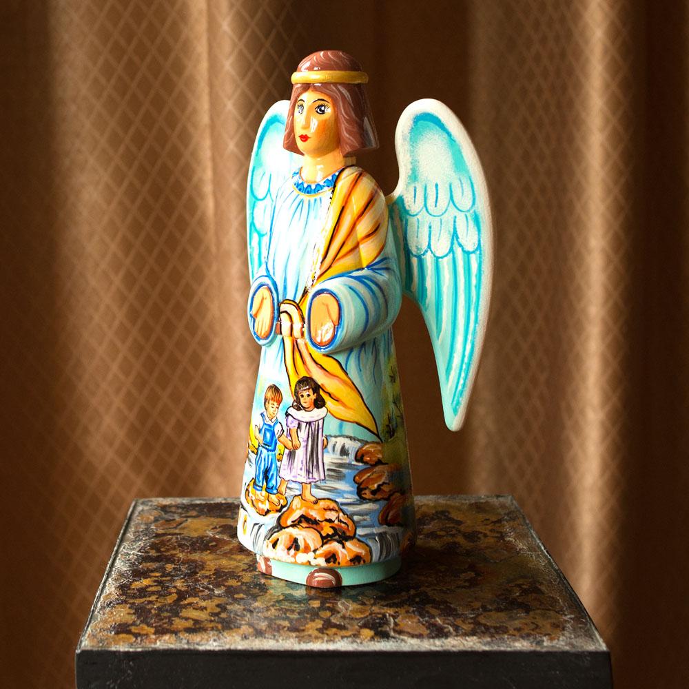 Guardian Angel & Children Ukrainian Hand Carved Solid Wood Figurine 10 Inches