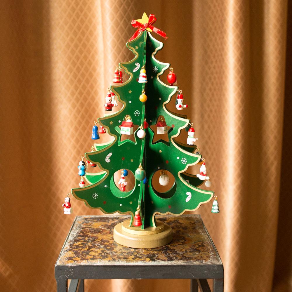 Traditional Wooden Tabletop Christmas Tree - Includes 32 German Style Miniature Christmas Ornaments, 12.5 Inches Tall