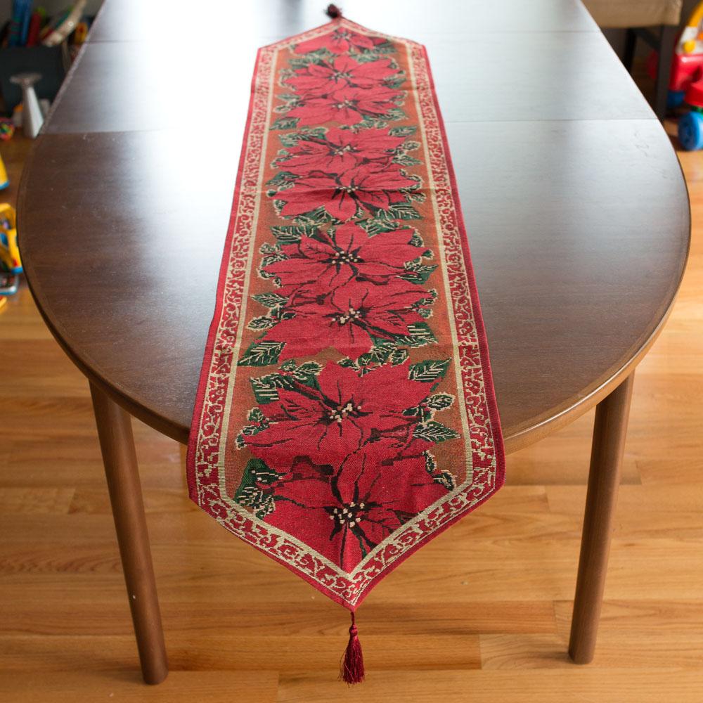 Poinsettia Flowers Christmas Tablecloth Holiday Runner 75 Inches