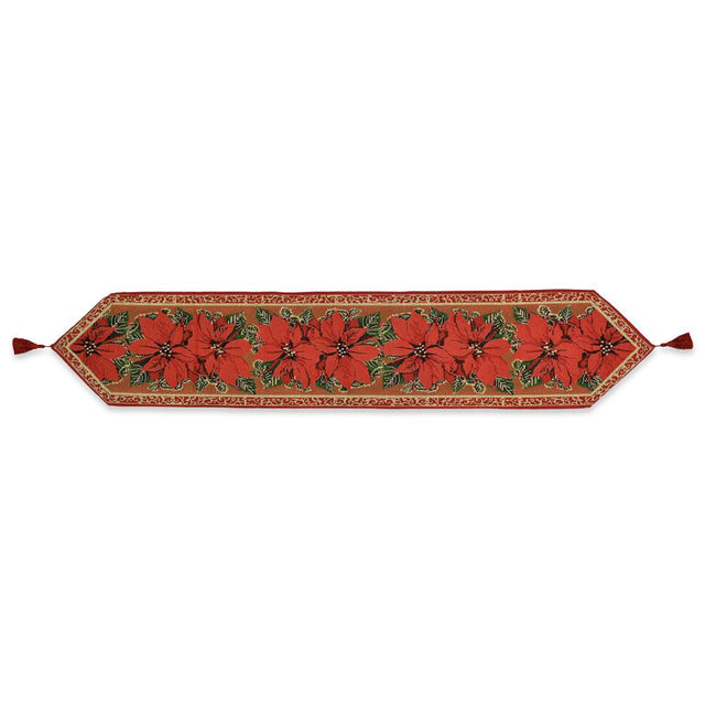Poinsettia Flowers Christmas Tablecloth Holiday Runner 75 Inches in Red color, Rectangular shape