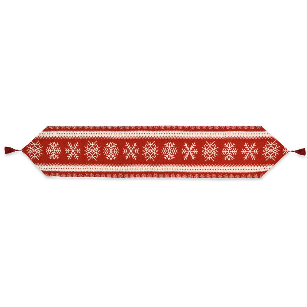 Snowflakes on Red Pattern Christmas Tablecloth Holiday Runner 76.5 Inches in Red color, Rectangular shape