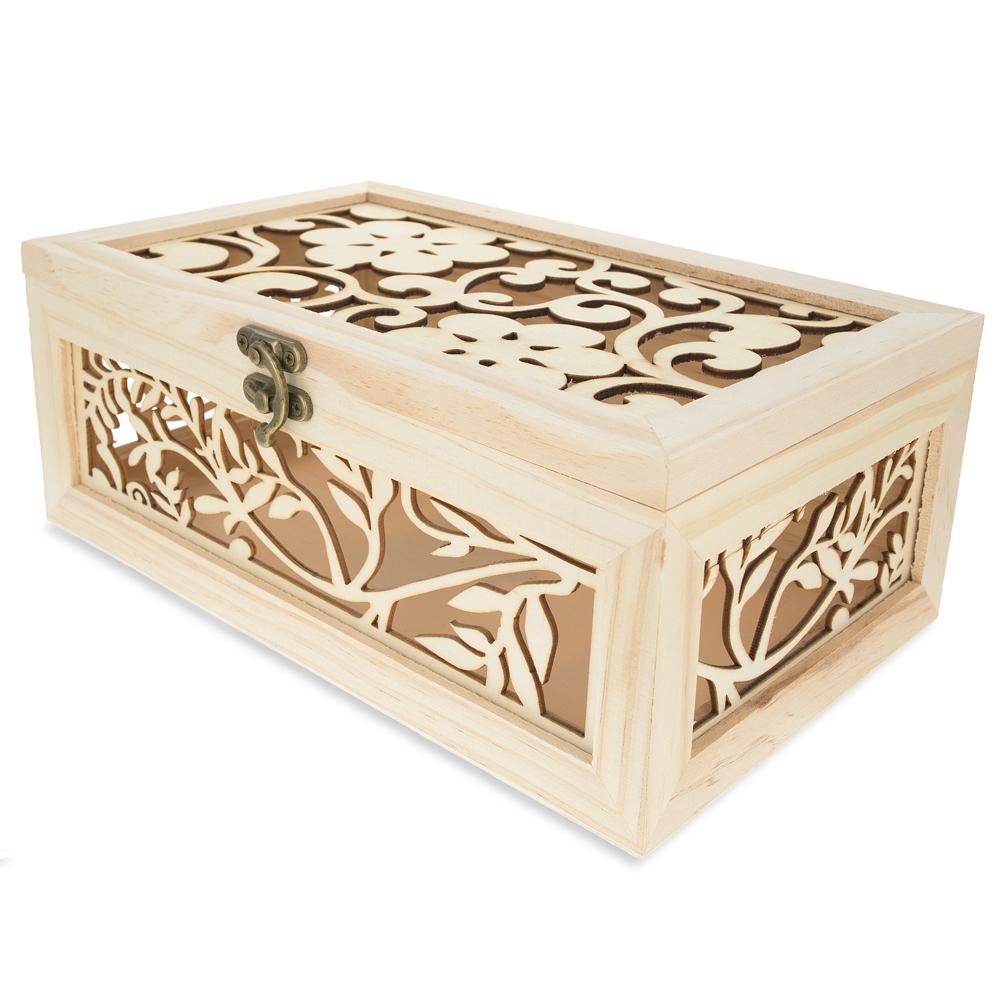 Unfinished Carved Wooden Jewelry or Storage Trinket Gift Box Chest with Clasp DIY Unpainted Craft 13.4 Inches in Beige color, Rectangular shape