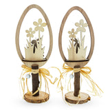 Set of 2 Rustic Wooden Easter Egg Decorations – Handmade Bunny & Flower Tabletop Decor , dimensions in inches: 10.7 x 4.1 x 3.1