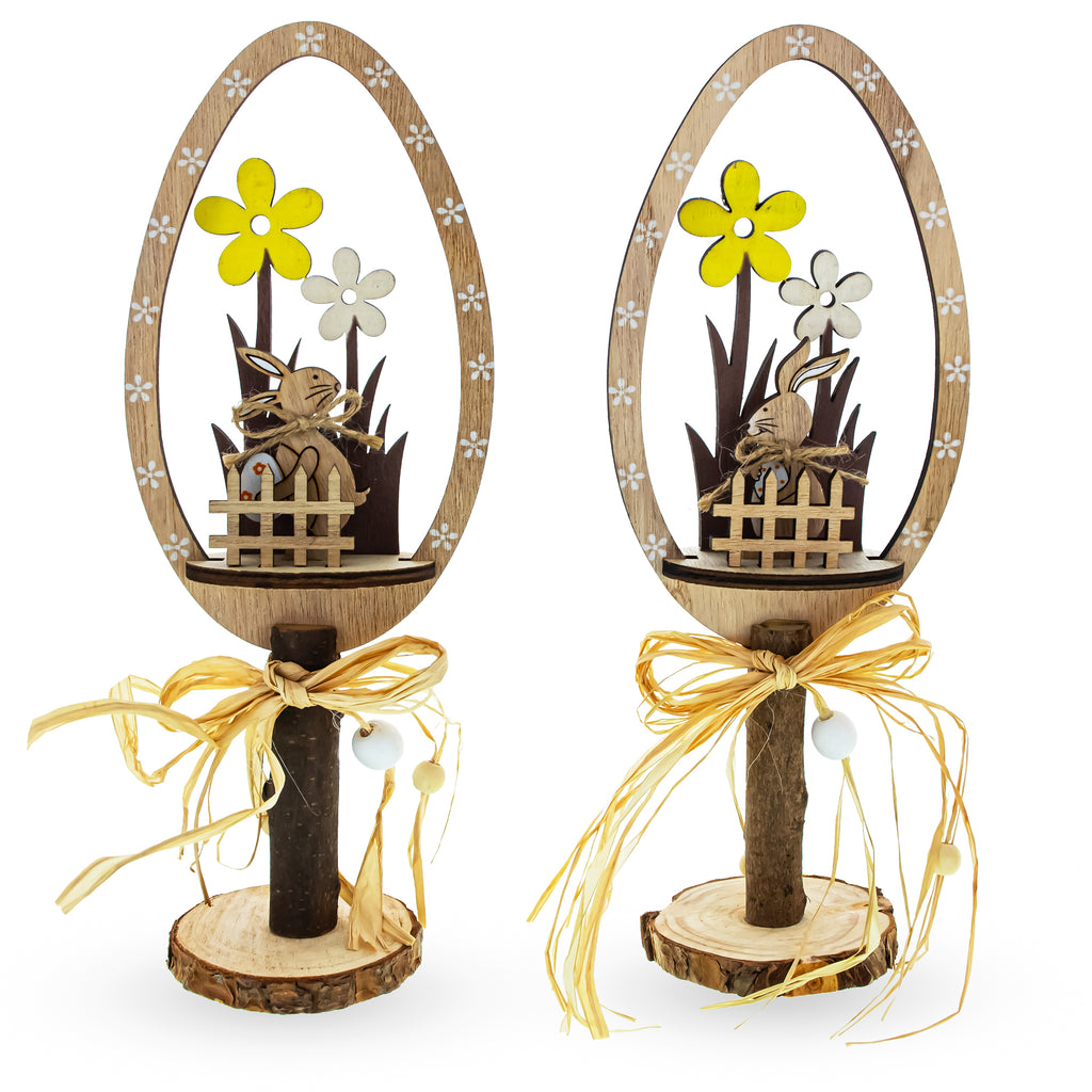 Wood Wooden Whimsy: Set of 2 Egg-Shaped Figurines with Bunnies and Flowers in Beige color Oval