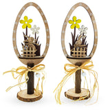 Wooden Whimsy: Set of 2 Egg-Shaped Figurines with Bunnies and Flowers in Beige color, Oval shape