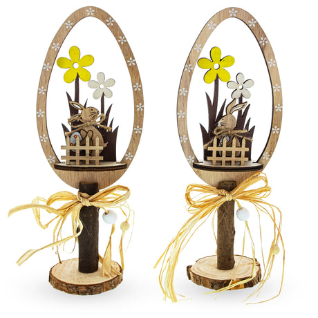 Wooden Whimsy: Set of 2 Egg-Shaped Figurines with Bunnies and Flowers in Beige color, Oval shape
