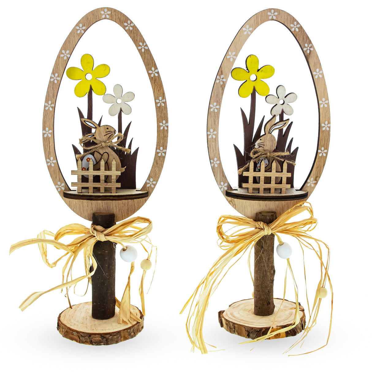 Wood Wooden Whimsy: Set of 2 Egg-Shaped Figurines with Bunnies and Flowers in Beige color Oval