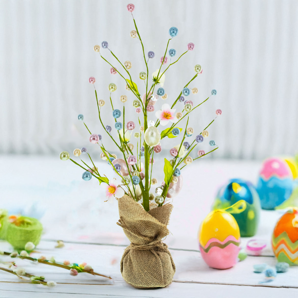 Plastic Twinkling Easter Elegance: LED Illuminated Tree Adorned with Decorative Eggs in Multi color