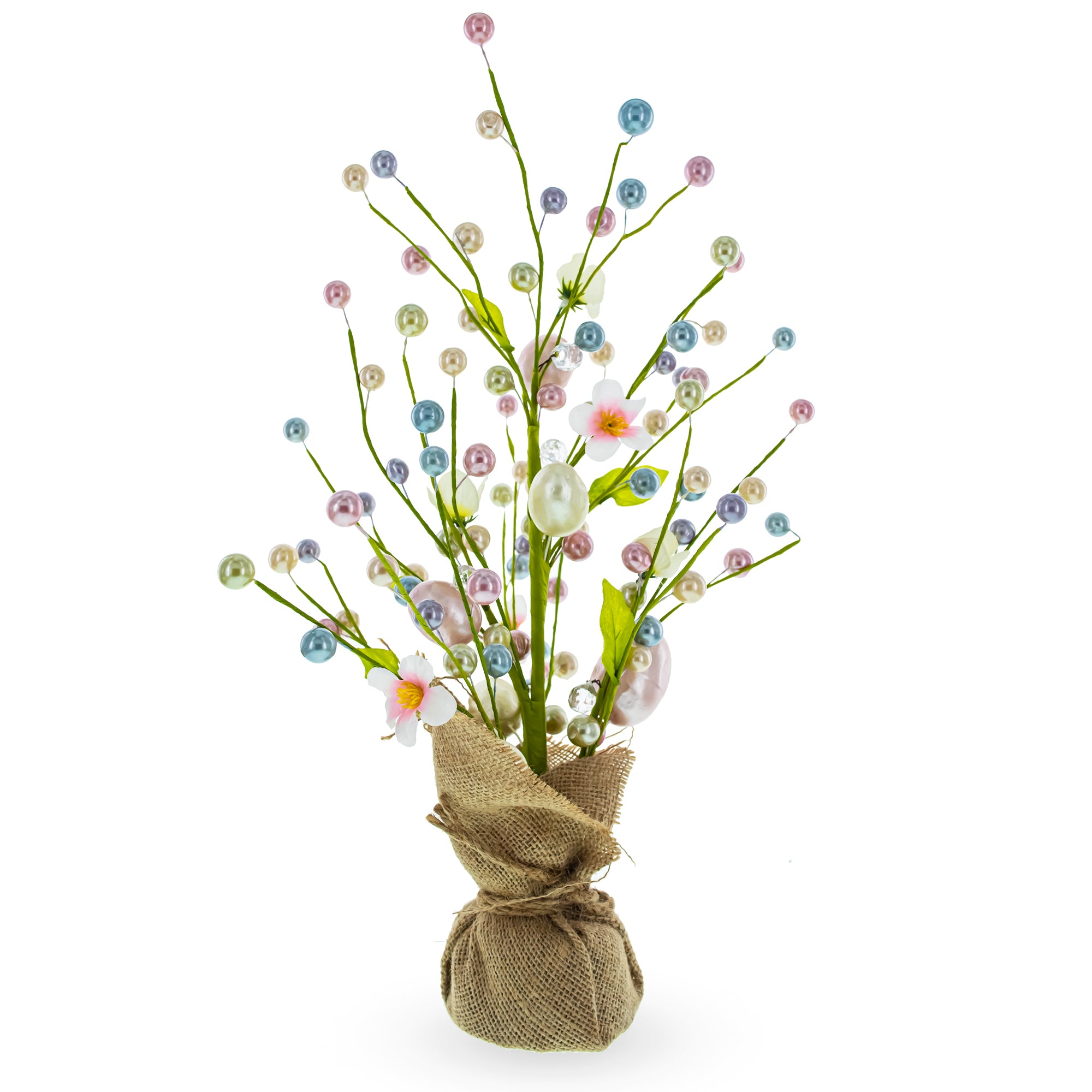 Easter Berry & Egg Floral Branch Arrangement – Rustic Spring Tabletop Centerpiece with Burlap Base 17.5 Inches Tall in Multi color