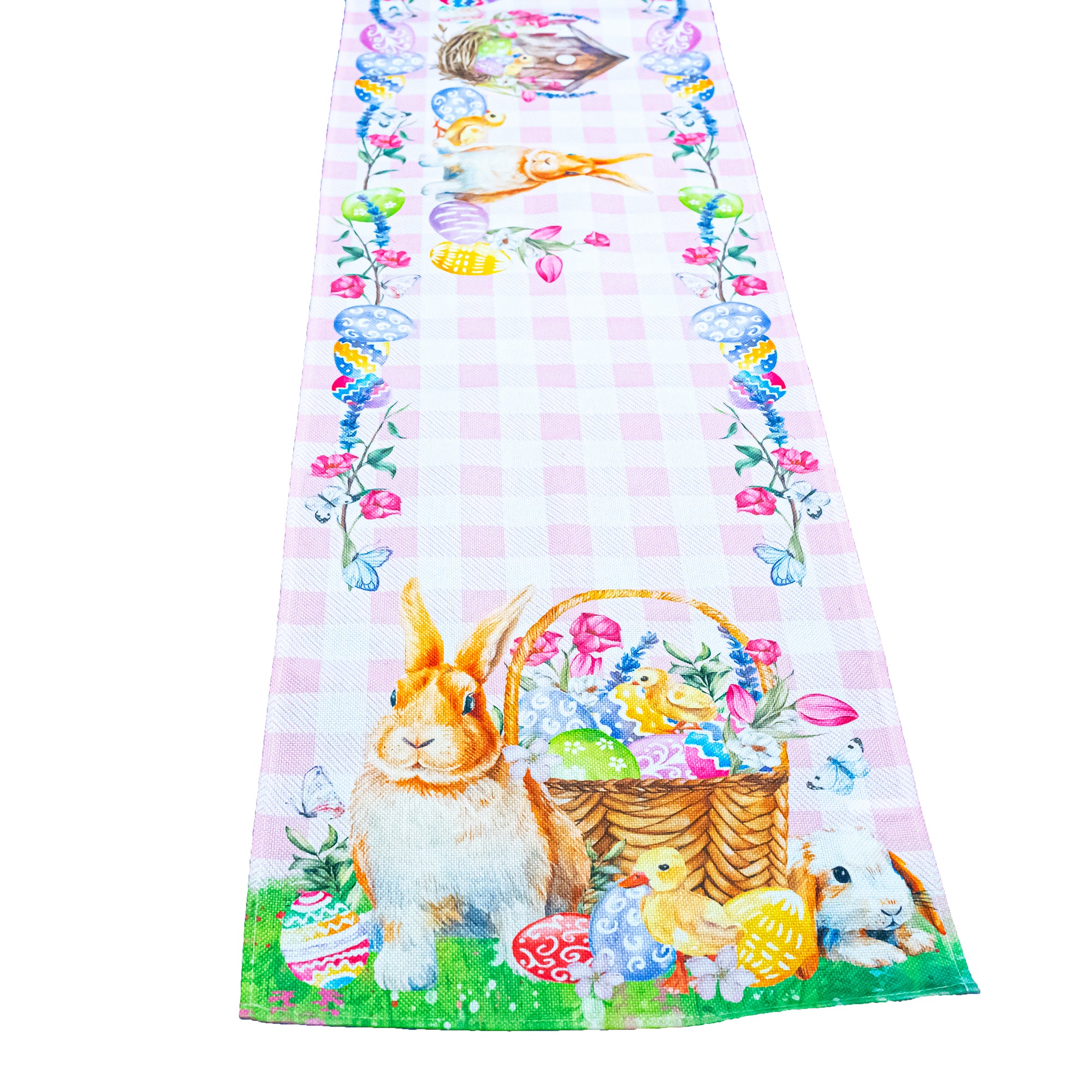 Fabric Easter Table Runner Featuring Playful Bunnies and Pastel Eggs 73 Inches LongChina , dimensions in inches: 73 x 13.4 x 13.4