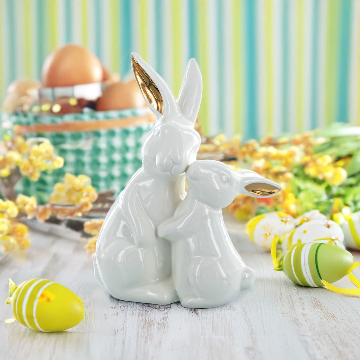 Ceramic Ceramic Easter Figurine of Mother Bunny with Her Little One in White color