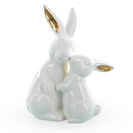 Ceramic Easter Figurine of Mother Bunny with Her Little One in White color