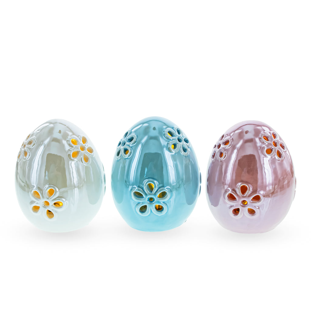 Ceramic Pearlized Easter Elegance: Set of 3 Ceramic Easter Eggs in Multi color Oval