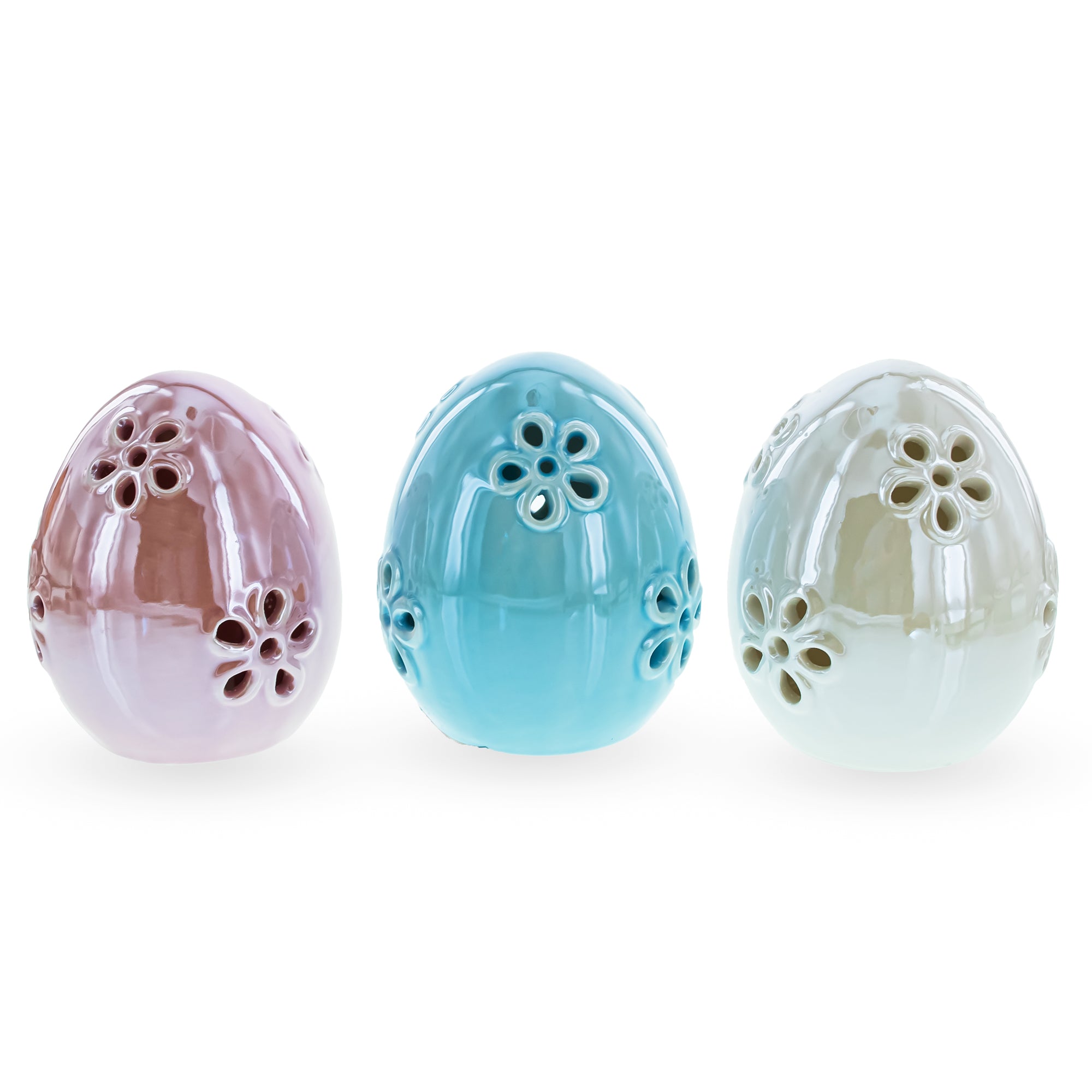 Set of 3 Pearlized Ceramic Easter Egg LanternsChina , dimensions in inches: 3.8 x 3.2 x 3.2