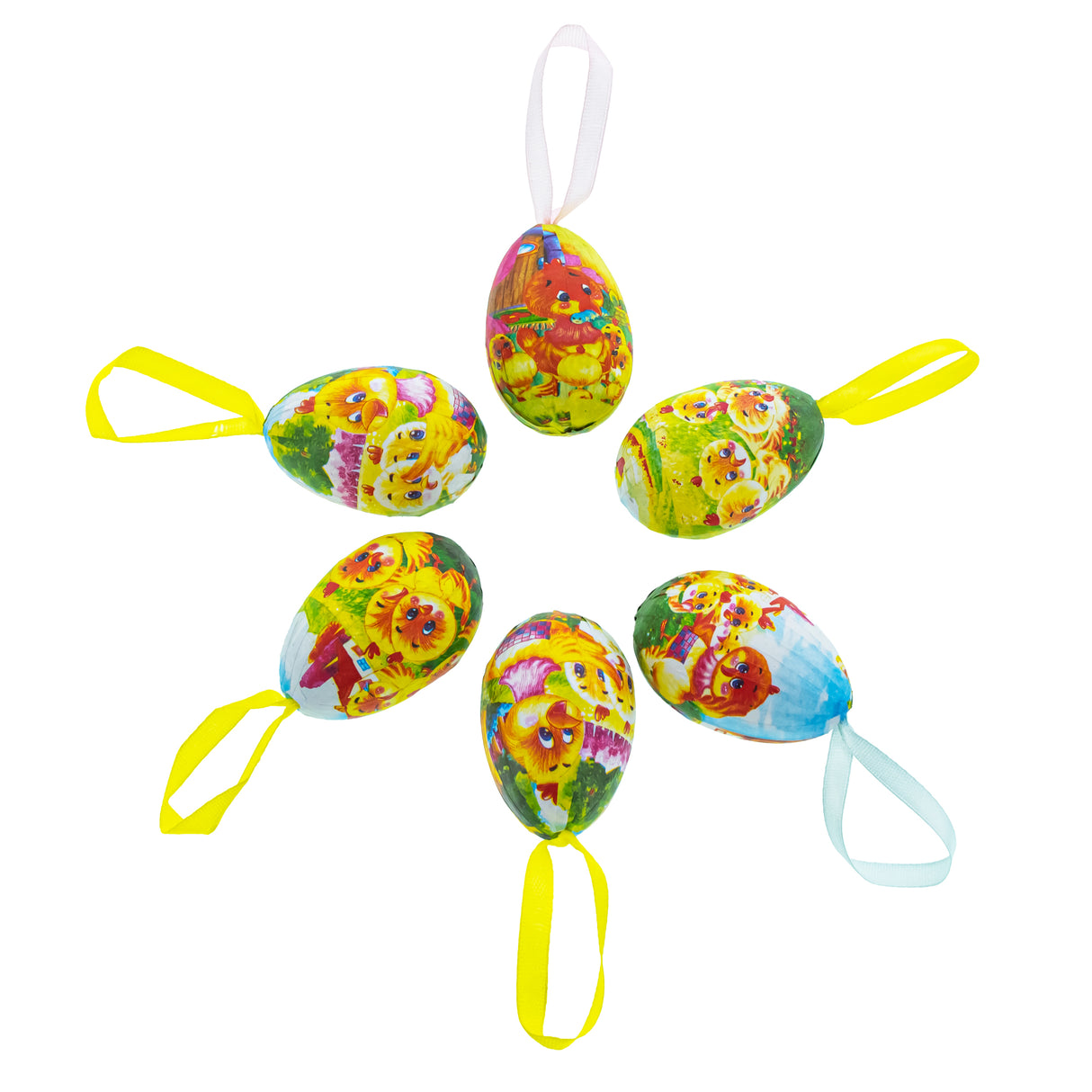 Chirpy Easter: Set of 6 Chicks Easter Egg Ornaments in Multi color, Oval shape
