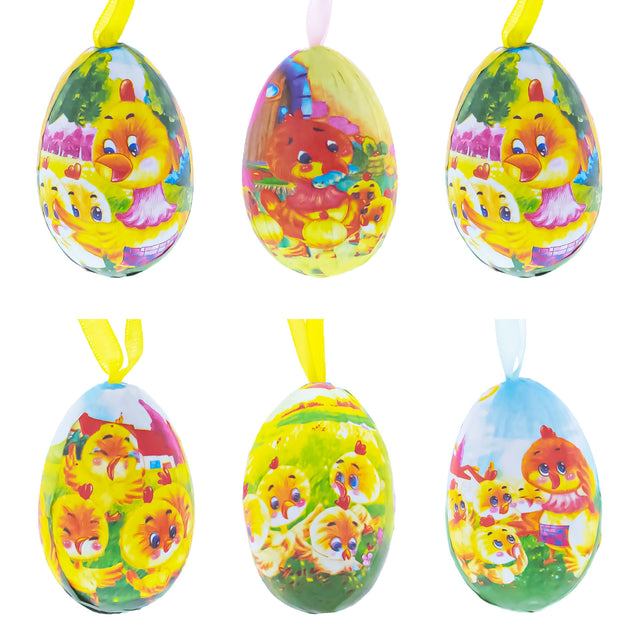 Set of 6 Chicks Vintage Style Hanging Easter Egg Ornaments in  color Oval