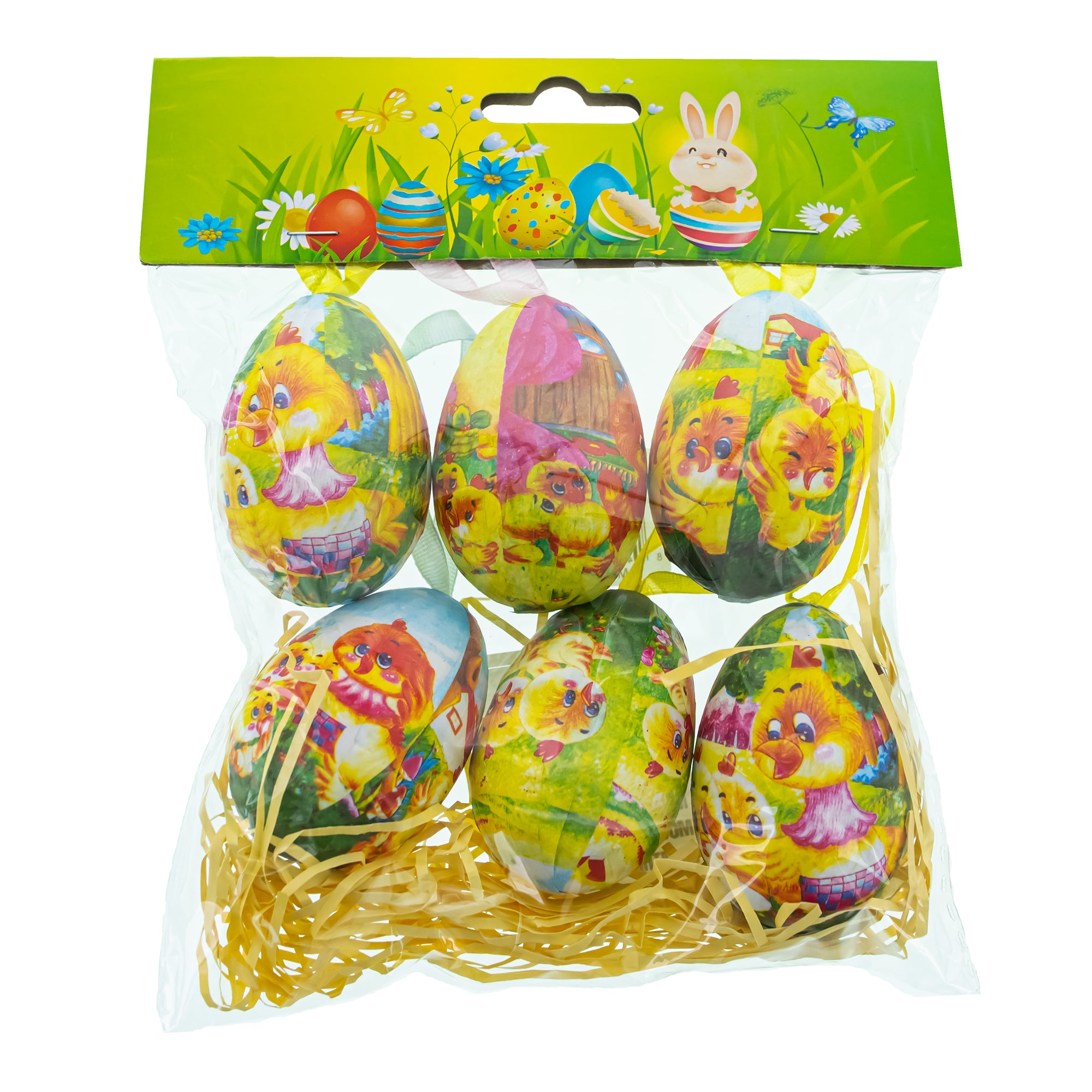 Set of 6 Chicks Vintage Style Hanging Easter Egg OrnamentsChina , dimensions in inches: 2.2 x 1.5 x 1.5
