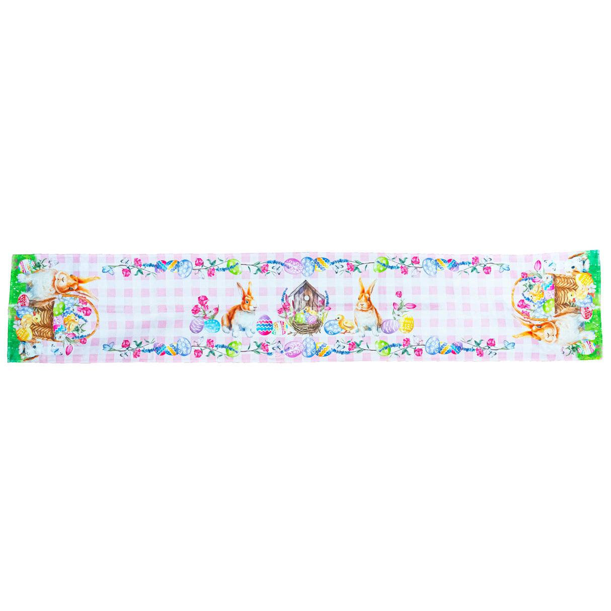Whimsical Bunny and Colorful Eggs Easter Table Runner in Multi color,  shape