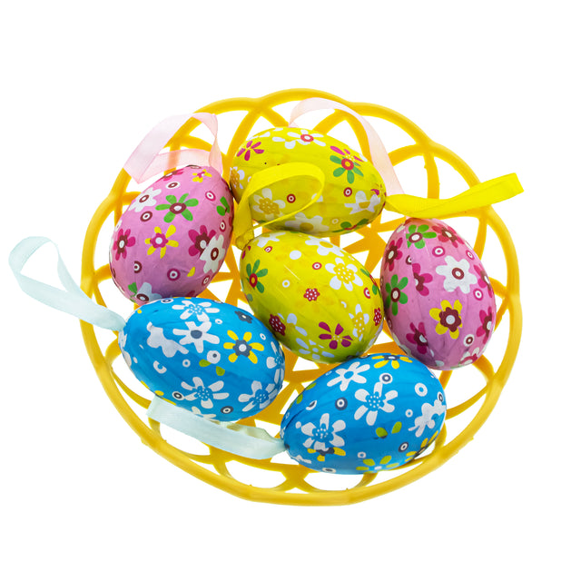 Artistic Charm: Set of 6 Paper Mache Egg Ornaments in Basket in Multi color, Oval shape