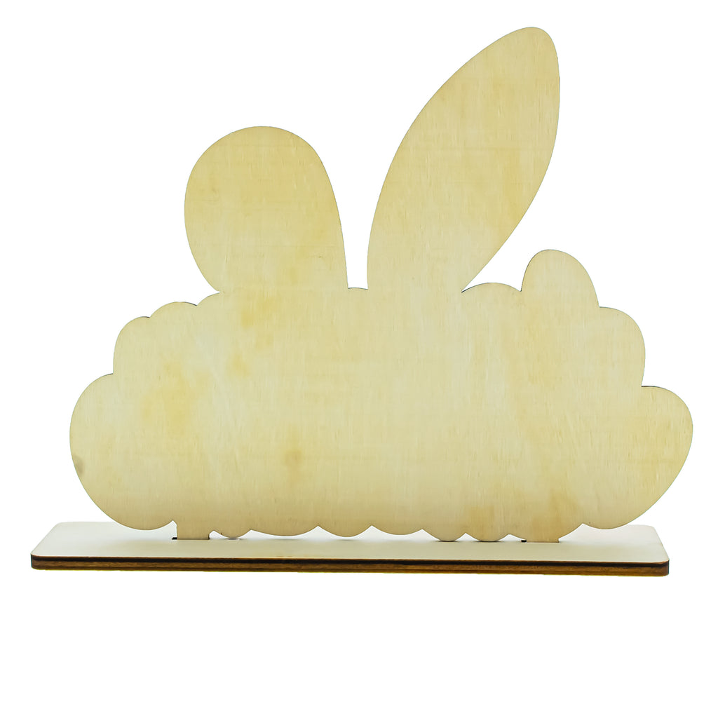 Happy Easter Wooden Tabletop Cutout With Bunny and Egg Artwork 6.5 Inches TallChina , dimensions in inches: 7.7 x 6.5 x 2